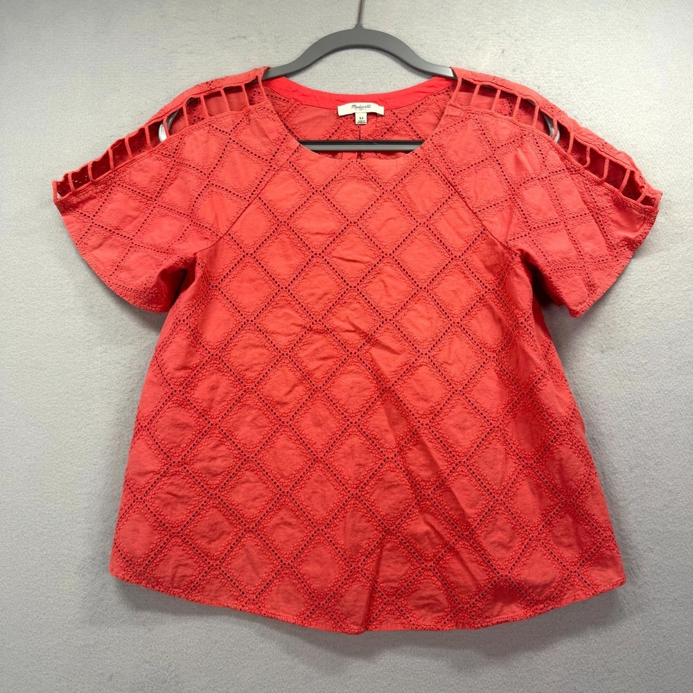 Madewell Swing Top Womens XS Red Embroidered Lattice Eyelet‎ Boho Cutout Sleeve
